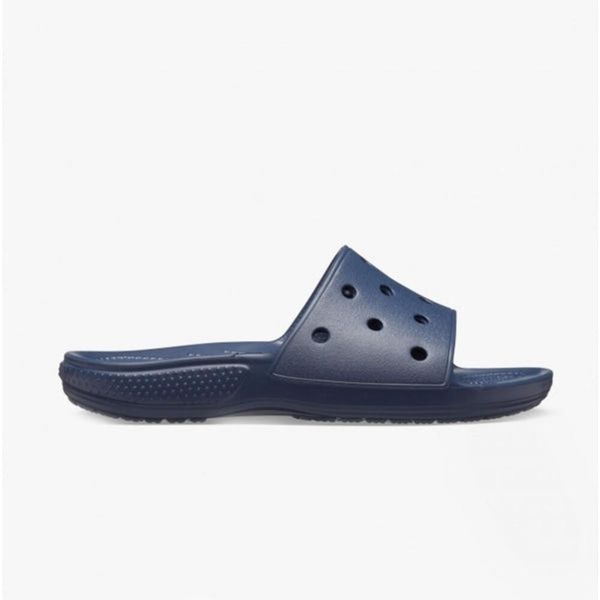 Klapki basenowe Crocs Classic Slide. Niebieskie klapki Crocs, bez wzorów, bez obcasa. Za 85.99 zł.
