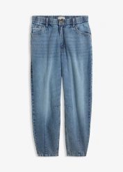 Jeansy typu barrel, cropped. Niebieskie jeansy bonprix, bez wzorów, z podwyższonym stanem. Za 77.99 zł.
