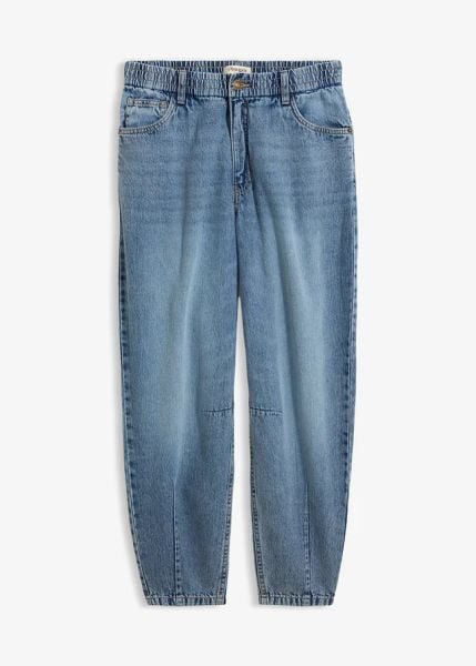 Jeansy typu barrel, cropped. Niebieskie jeansy bonprix, bez wzorów, z podwyższonym stanem. Za 77.99 zł.