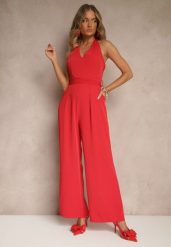 Czerwony Kombinezon o Taliowanym Kroju z Dekoltem Halter i Wiązanym Paskiem Malisena. Czerwone sukienki Renee, na co dzień, l, bez wzorów, eleganckie, bez kołnierzyka, bez ramiączek. Za 104.99 zł.