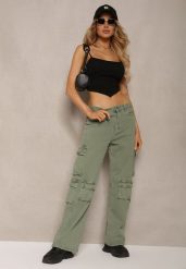 Zielone Spodnie Typu Bojówki z Bawełny High Waist z Kieszeniami Zefara. Zielone spodnie materiałowe Renee, na co dzień, l, bez wzorów, z bawełny, z podwyższonym stanem. Za 109.99 zł.