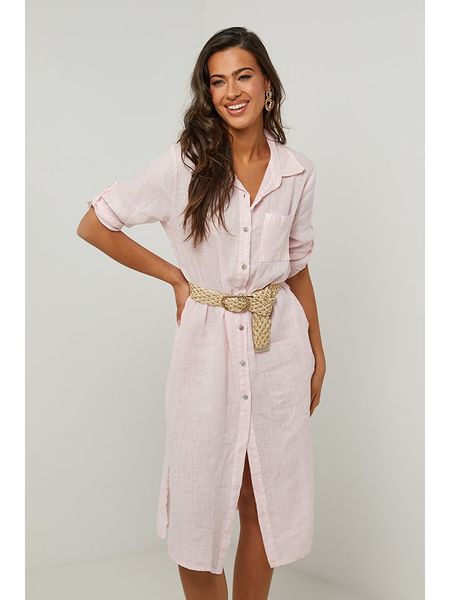 Le Monde du Lin Lniana sukienka w kolorze jasnoróżowym rozmiar: 38/40. Różowe sukienki Le Monde du Lin, na co dzień, bez wzorów, ze lnu, klasyczne, bez kołnierzyka, bez ramiączek, midi, proste. Za 167.28 zł.