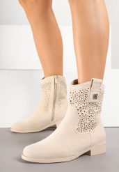 Beżowe Botki Kowbojki Ażurowe Efaliria. Brązowe botki Renee, w ażurowe wzory, bez obcasa, na płaskiej podeszwie, bez zapięcia. Za 109.99 zł.