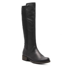 Kozaki Rieker. Czarne kozaki Rieker, bez obcasa, na słupku, bez zapięcia. Za 423.99 zł.