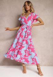 Różowo-Niebieska Kopertowa Plisowana Sukienka Koktajlowa z Gumką i Paskiem w Talii Benelsea. Czerwone sukienki Renee, m, bez wzorów, z materiału, eleganckie, bez kołnierzyka, bez ramiączek, maxi, dopasowane. Za 79.99 zł.