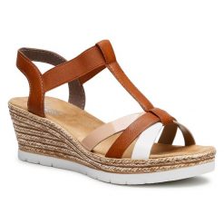 Sandały Rieker. Brązowe sandały Rieker, bez wzorów, bez obcasa, na koturnie, bez zapięcia. Za 239.99 zł.