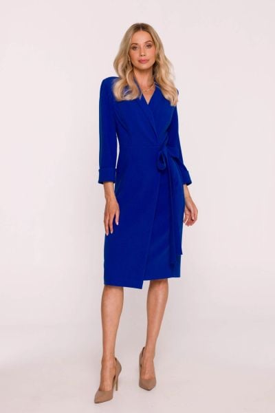 Elegancka sukienka ołówkowa kopertowa z wiązaniem chabrowa. Niebieskie sukienki Stylove, do pracy, xl, bez wzorów, biznesowe, bez kołnierzyka, bez ramiączek, kopertowe. Za 449.00 zł.
