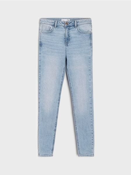 Jeansy skinny z efektem sprania - niebieski. Niebieskie jeansy Sinsay, l, bez wzorów. Za 49.99 zł.