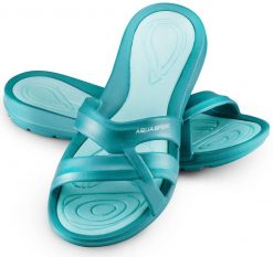 Klapki basenowe damskie PANAMA. Niebieskie klapki Aqua-Speed, bez wzorów, z materiału, bez obcasa. Za 73.99 zł.