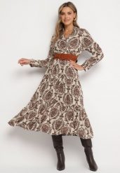 Brązowa Wiskozowa Kopertowa Sukienka w Stylu Boho z Materiałowym Paskiem z Klamrą Rinovia. Brązowe sukienki Born2be, l, bez wzorów, z materiału, boho, bez kołnierzyka, bez ramiączek, midi, kopertowe. Za 119.99 zł.