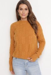 Brązowy Sweter o Warkoczowym Splocie z Okrągłym Dekoltem Selinera. Brązowe swetry Born2be, bez wzorów, z dzianiny, bez ramiączek. Za 79.99 zł.