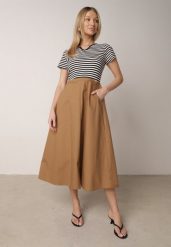 Czarno-Beżowa Rozkloszowana Sukienka z Bawełny Imitująca Bluzkę w Paski i Spódnicę Chathusa. Czarne sukienki Born2be, na co dzień, l, bez wzorów, z bawełny, klasyczne, bez kołnierzyka, bez ramiączek, midi, rozkloszowane. Za 99.99 zł.