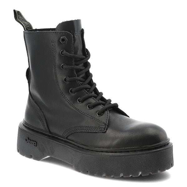 Czarne Trapery Jeep Stylowe Skórzane Buty Damskie. Czarne botki Jeep, bez wzorów, przed kolano, bez obcasa, na platformie, bez zapięcia. Za 348.99 zł.