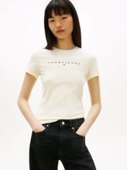 TOMMY JEANS Koszulka w kolorze kremowym rozmiar: M. Brązowe bluzki Tommy Jeans, m, bez wzorów, z bawełny, bez kołnierzyka, bez ramiączek. Za 104.95 zł.
