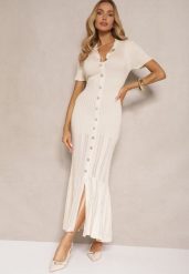 Jasnobeżowa Dopasowana Sukienka z Dzianiny z Wiskozą Zdobiona Guzikami i Falbaną Aluona. Brązowe sukienki Renee, na co dzień, s, z aplikacjami, z dzianiny, eleganckie, bez kołnierzyka, bez ramiączek, mini, dopasowane. Za 144.99 zł.