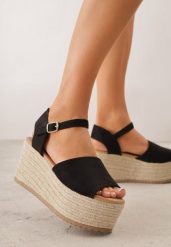 Czarne Sandały na Wysokim Koturnie z Plecionego Materiału i z Zapięciem przy Kostce Egerra. Czarne sandały Renee, bez wzorów, bez obcasa, na koturnie, bez zapięcia. Za 139.99 zł.