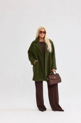 Damski płaszcz Isabella z tkaniny bukla w kolorze oliwkowym - elegancja i komfort PLUS SIZE XXL OVERSIZE JESIEŃ. Zielone płaszcze Moda Size Plus Iwanek, na jesień, l, bez wzorów, z poliesteru, bez kaptura. Za 559.90 zł.