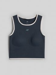 4F Crop top do jogi szybkoschnący damski - granatowy XS. Niebieskie koszulki sportowe 4f, bez wzorów, z materiału, bez ramiączek, na fitness i siłownię. Za 129.99 zł.
