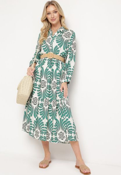 Zielono-Biała Sukienka z Wiskozy z Podpinanymi Rękawami Zapinana na Guziki z Falbanką Kiosara. Zielone sukienki Born2be, na spotkanie biznesowe, na lato, l, bez wzorów, z wiskozy, eleganckie, bez kołnierzyka, bez ramiączek, koszulowe. Za 89.99 zł.