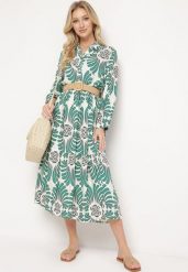 Zielono-Biała Sukienka z Wiskozy z Podpinanymi Rękawami Zapinana na Guziki z Falbanką Kiosara. Zielone sukienki Born2be, na spotkanie biznesowe, na lato, l, bez wzorów, z wiskozy, eleganckie, bez kołnierzyka, bez ramiączek, koszulowe. Za 49.99 zł.