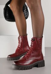 Bordowe Botki Workery w Stylu Grunge z Nitami przy Cholewce Anelerie. Czerwone botki Born2be, bez wzorów, z jeansu, bez obcasa, na płaskiej podeszwie, bez zapięcia. Za 189.99 zł.