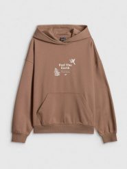 4F Bluza dresowa loose z kapturem damska - beżowa L. Brązowe bluzy 4f, l, bez wzorów, z bawełny, z kapturem. Za 189.99 zł.