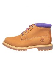 Timberland Skórzane botki "Nellie Chukka Double" w kolorze jasnobrązowo-fioletowym rozmiar: 36. Brązowe botki Timberland, bez wzorów, z materiału, bez obcasa, bez zapięcia. Za 292.05 zł.