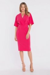 Sukienka elegancka midi kimonowa góra dopasowany dół różowa. Czerwone sukienki Stylove, do pracy, l, bez wzorów, z poliesteru, biznesowe, bez kołnierzyka, bez ramiączek, midi, dopasowane. Za 289.00 zł.