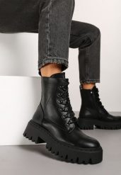 Czarne Sznurowane Płaskie Botki w Stylu Workerów z Ociepleniem Beriana. Czarne botki Born2be, bez wzorów, z jeansu, bez obcasa, na obcasie, bez zapięcia. Za 169.99 zł.