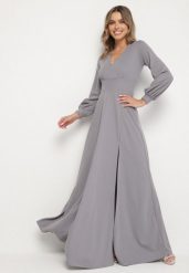 Szara Rozkloszowana Sukienka Koktajlowa z Bufiastymi Rękawami i Rozcięciem na Nogę Erqellia. Szare sukienki Born2be, na imprezę, l, bez wzorów, wizytowe, bez kołnierzyka, bez ramiączek, maxi, rozkloszowane. Za 179.99 zł.