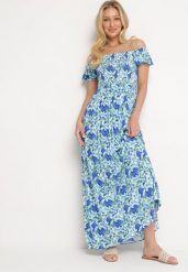 Niebieska Rozkloszowana Sukienka Typu Hiszpanka z Marszczoną Górą Jesteria. Niebieskie sukienki Born2be, na imprezę, l, bez wzorów, eleganckie, bez kołnierzyka, bez ramiączek, maxi, rozkloszowane. Za 69.99 zł.