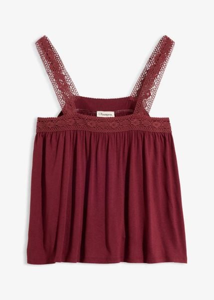 Top z miękkiej wiskozy. Czerwone topy bonprix, bez wzorów, z koronki, bez kołnierzyka, bez ramiączek. Za 27.99 zł.