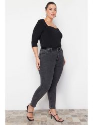 Trendyol Dżinsy - Slim fit - w kolorze antracytowym rozmiar: 42. Czarne jeansy Trendyol, bez wzorów, z podwyższonym stanem. Za 96.60 zł.