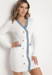 Biała Dzianinowa Sukienka z Wiskozą w Stylu Retro z Ozdobnymi Napami Tesmere. Białe sukienki Born2be, na co dzień, m, z aplikacjami, z dzianiny, eleganckie, bez kołnierzyka, bez ramiączek, mini, dopasowane. Za 139.99 zł.