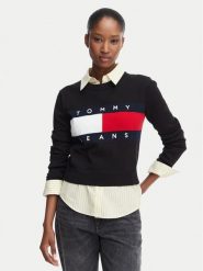 Tommy Jeans Sweter Flag DW0DW22930 Czarny Regular Fit. Czarne swetry Tommy Jeans, xs, bez wzorów, z bawełny, bez ramiączek. Za 409.99 zł.