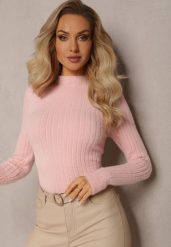 Różowy Prążkowany Sweter z Wełną i Dłuższym Włosiem Izarina. Czerwone swetry Renee, bez wzorów, z dzianiny, bez ramiączek. Za 34.99 zł.