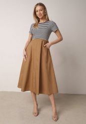 Niebieska Rozkloszowana Sukienka z Bawełny z Górą w Paski Aethephaia. Niebieskie sukienki Born2be, na co dzień, na lato, m, bez wzorów, z bawełny, casualowe, bez kołnierzyka, bez ramiączek, midi, proste. Za 99.99 zł.