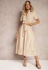 Beżowa Bawełniana Sukienka o Ażurowym Wykończeniu z Paskiem w Talii Zapinana na Guziki Dimosha. Brązowe sukienki Renee, na spotkanie biznesowe, l, w ażurowe wzory, z bawełny, klasyczne, bez kołnierzyka, bez ramiączek, midi. Za 179.99 zł.