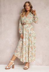 Miętowa Sukienka Maxi z Plecionym Paskiem i Gumką w Talii w Kwiaty Elanisa. Zielone sukienki Renee, l, bez wzorów, bez kołnierzyka, bez ramiączek, maxi, kopertowe. Za 119.99 zł.