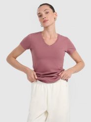 4F T-shirt slim gładki damski - czerwony M. Czerwone t-shirty 4f, m, bez wzorów, ze skóry, bez kołnierzyka, bez ramiączek. Za 59.99 zł.