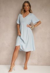 Jasnoniebieska Rozkloszowana Sukienka z Bawełnianej Tkaniny Lirioneae. Niebieskie sukienki Renee, na co dzień, l, bez wzorów, z bawełny, eleganckie, bez kołnierzyka, bez ramiączek, midi, rozkloszowane. Za 49.99 zł.