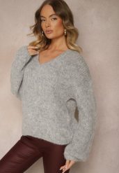 Jasnoszary Sweter z Dodatkiem Wełny i Szerokimi Rękawami Inathira. Szare swetry Renee, na zimę, bez wzorów, z jeansu, bez ramiączek. Za 139.99 zł.