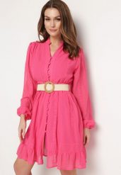 Fuksjowa Sukienka Nesilwyn. Czerwone sukienki Born2be, m, bez wzorów, z tkaniny, boho, bez kołnierzyka, bez ramiączek, mini, rozkloszowane. Za 79.99 zł.
