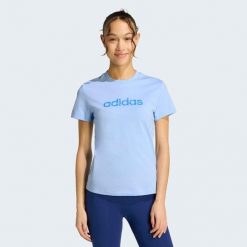 Koszulka fitness damska ADIDAS. Niebieskie bluzki Adidas, s, bez wzorów, z materiału, klasyczne, bez kołnierzyka, bez ramiączek. Za 89.99 zł.