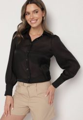 Czarna Klasyczna Koszula z Wiskozą Linarina. Czarne koszule Born2be, m, bez wzorów, z jeansu, eleganckie, bez kołnierzyka, bez ramiączek. Za 69.99 zł.