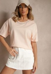 Beżowy T-shirt z Bawełny z Cyrkoniami Fadeola. Brązowe t-shirty Renee, l, bez wzorów, z bawełny, bez kołnierzyka, bez ramiączek. Za 69.99 zł.