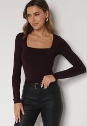 Bordowa Bluzka Alexussi. Czerwone bluzki Born2be, l, bez wzorów, z jeansu, biznesowe, bez kołnierzyka, bez ramiączek. Za 79.99 zł.