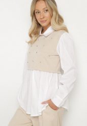 Beżowa Rozkloszowana Bluzka Koszulowa z Wiskozą z Wszytą Kamizelką z Cyrkoniami Uliaviela. Brązowe bluzki Born2be, bez wzorów, z jeansu, eleganckie, bez kołnierzyka, bez ramiączek. W wyprzedaży za 84.99 zł.