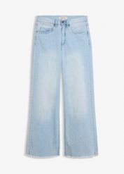 Jeansy ze stretchem wide leg, high waist. Niebieskie jeansy bonprix, bez wzorów, z podwyższonym stanem. Za 109.99 zł.