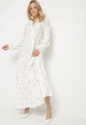 Biała Sukienka z Wiskozy o Rozkloszowanym Kroju z Ozdobnym Haftem Nalariel. Białe sukienki Born2be, l, z aplikacjami, z jeansu, eleganckie, bez kołnierzyka, bez ramiączek, maxi, rozkloszowane. Za 139.99 zł.